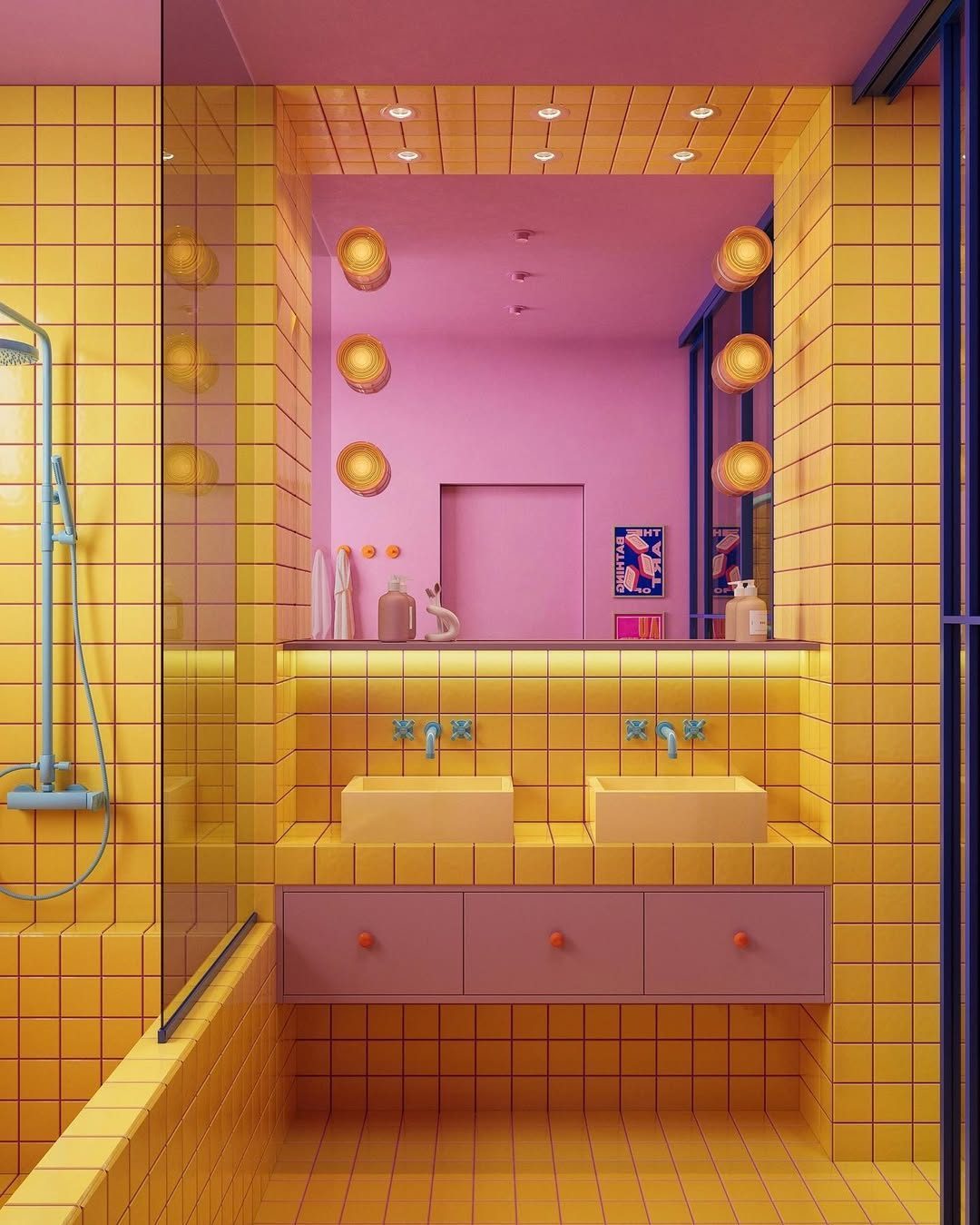 7. Vibrant Mosaic Tiles Meet Retro Fixtures In a Citrus Burst Bathroom