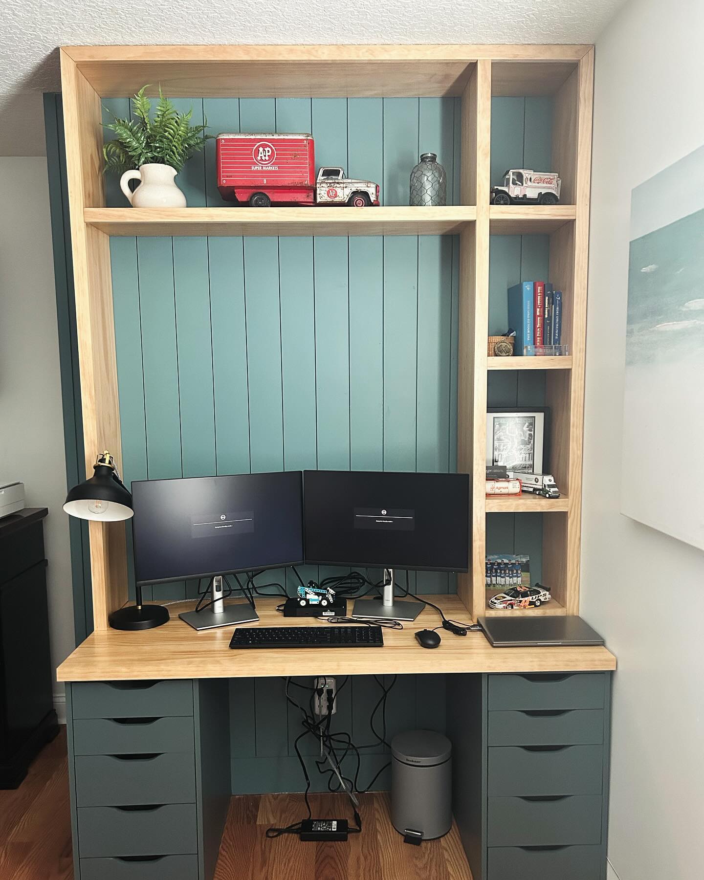 1. the Cactus-green Desk and Floating Shelves Workspace