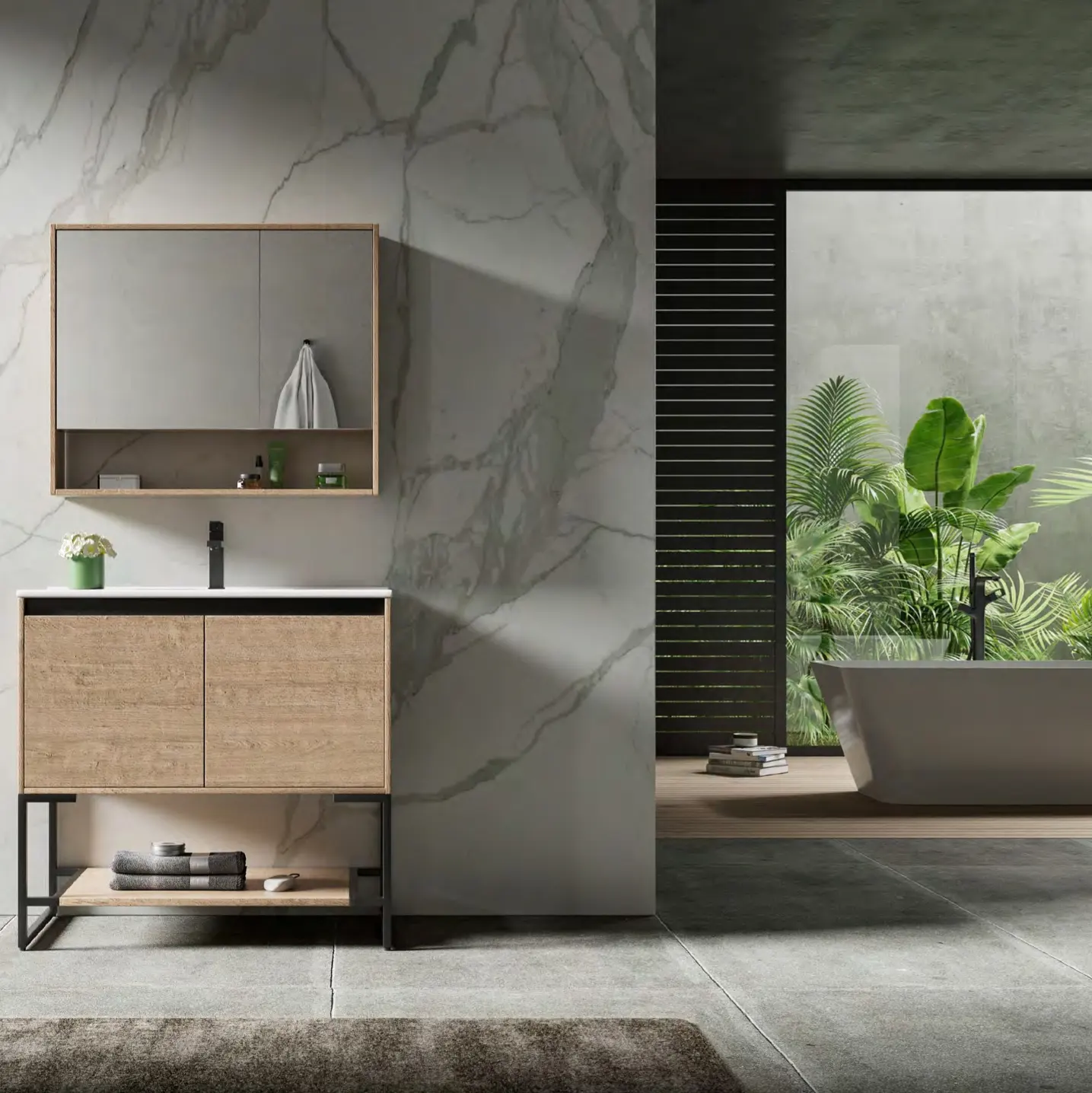 21. Copper-clad Corner Shelves with Geometric Bottle Display