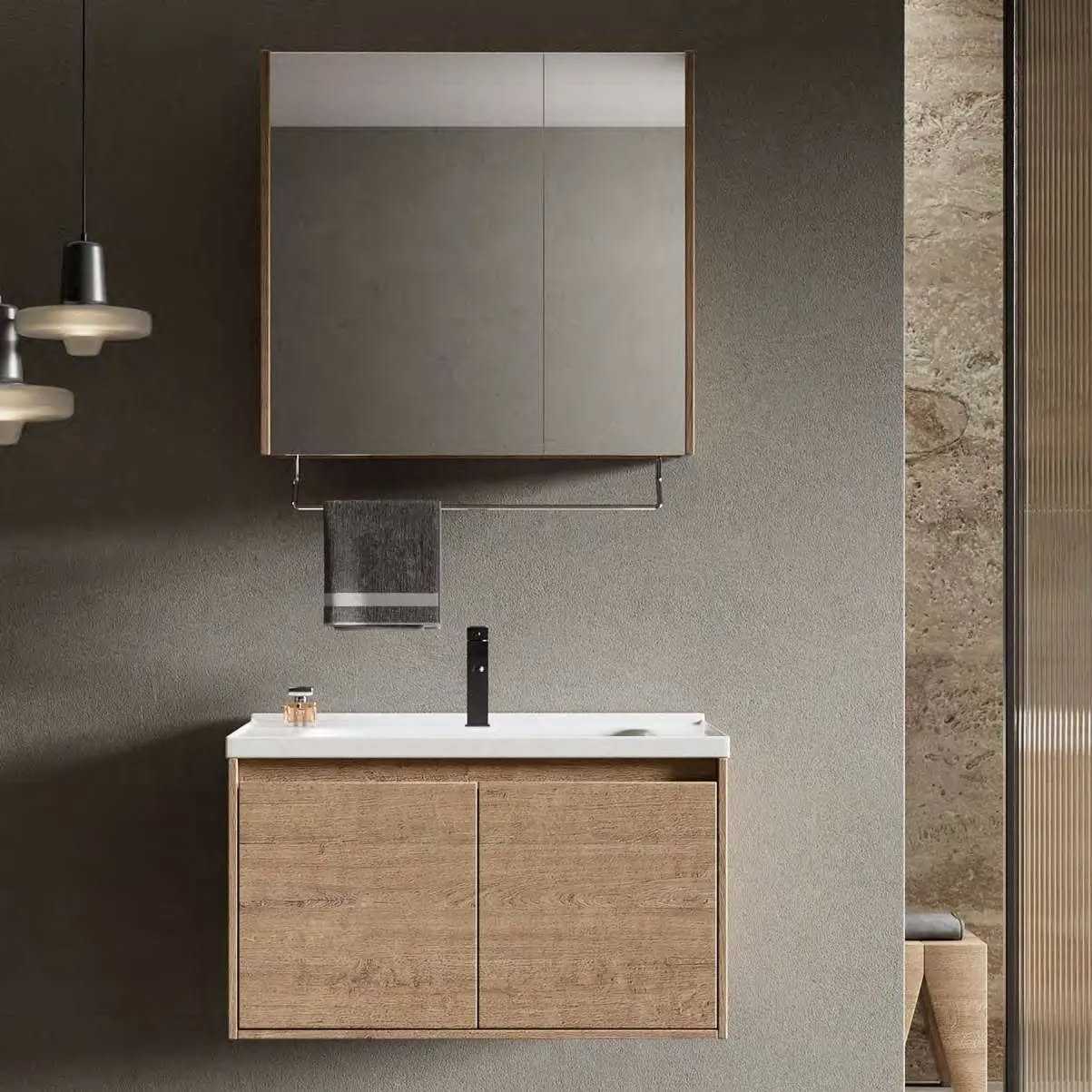 10. Moonlit Quartz and Copper Accents Illuminate a Streamlined Bathroom Cabinet