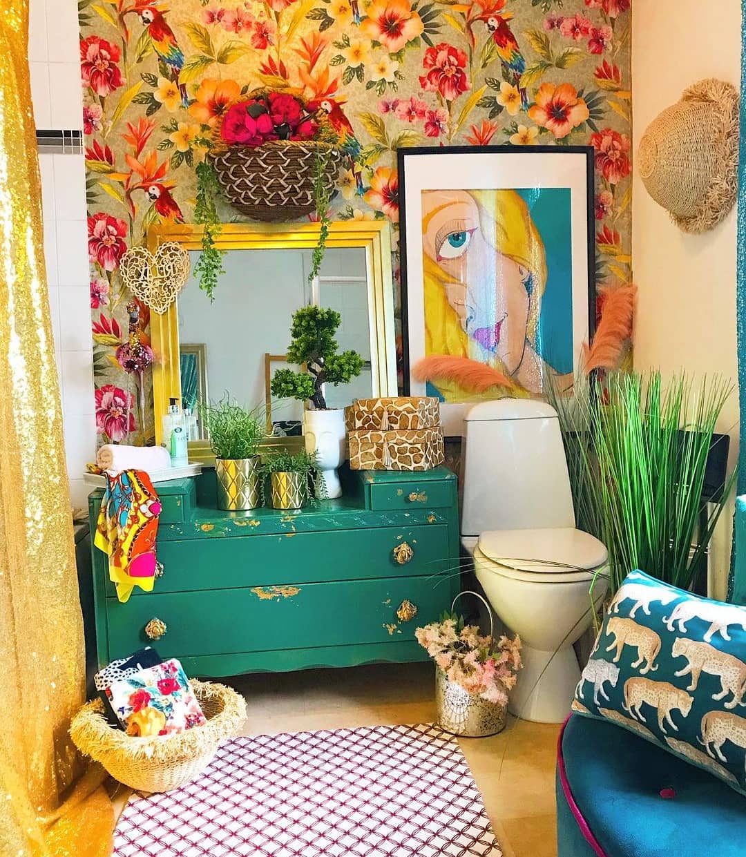 15. Vibrant Magenta Sink Against Coastal Blue Tiles with a Floating Wooden Vanity