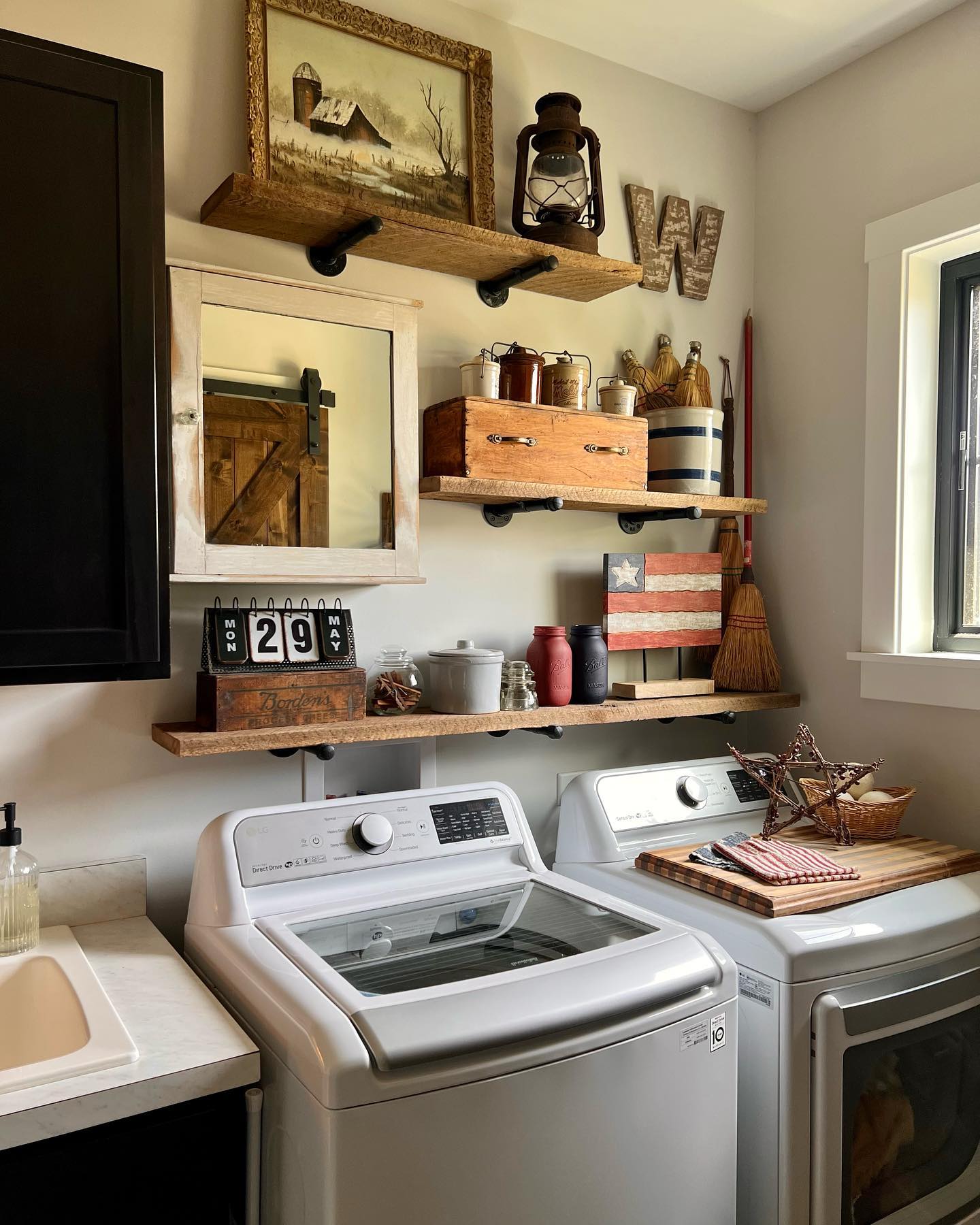 14. Rustic Charm with Industrial Flair: Exposed Brick and Metal Shelving In a Compact Laundry Nook