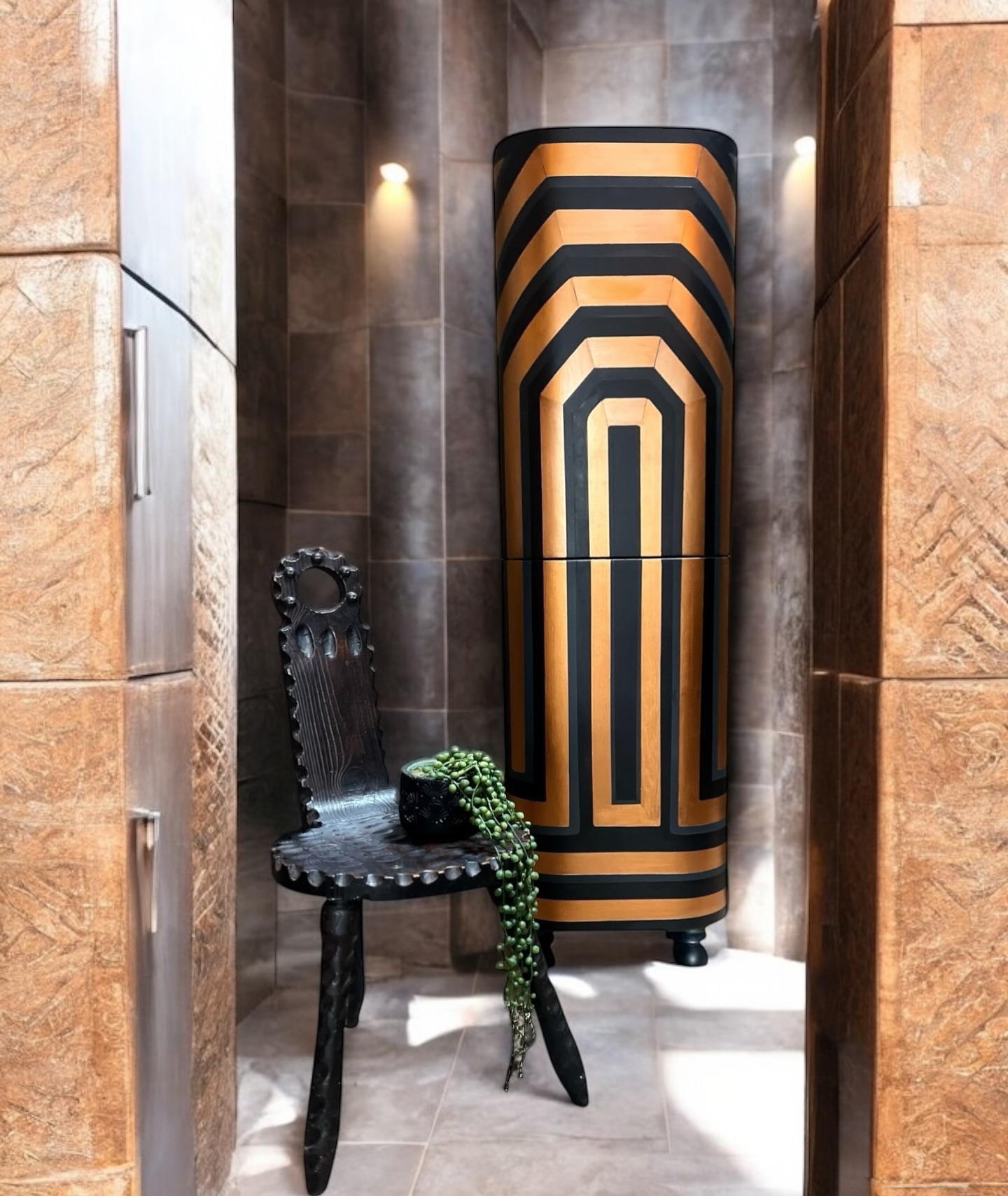 11. Frosted Glass Panels with Brass Accents and Built-in Lighting Nooks