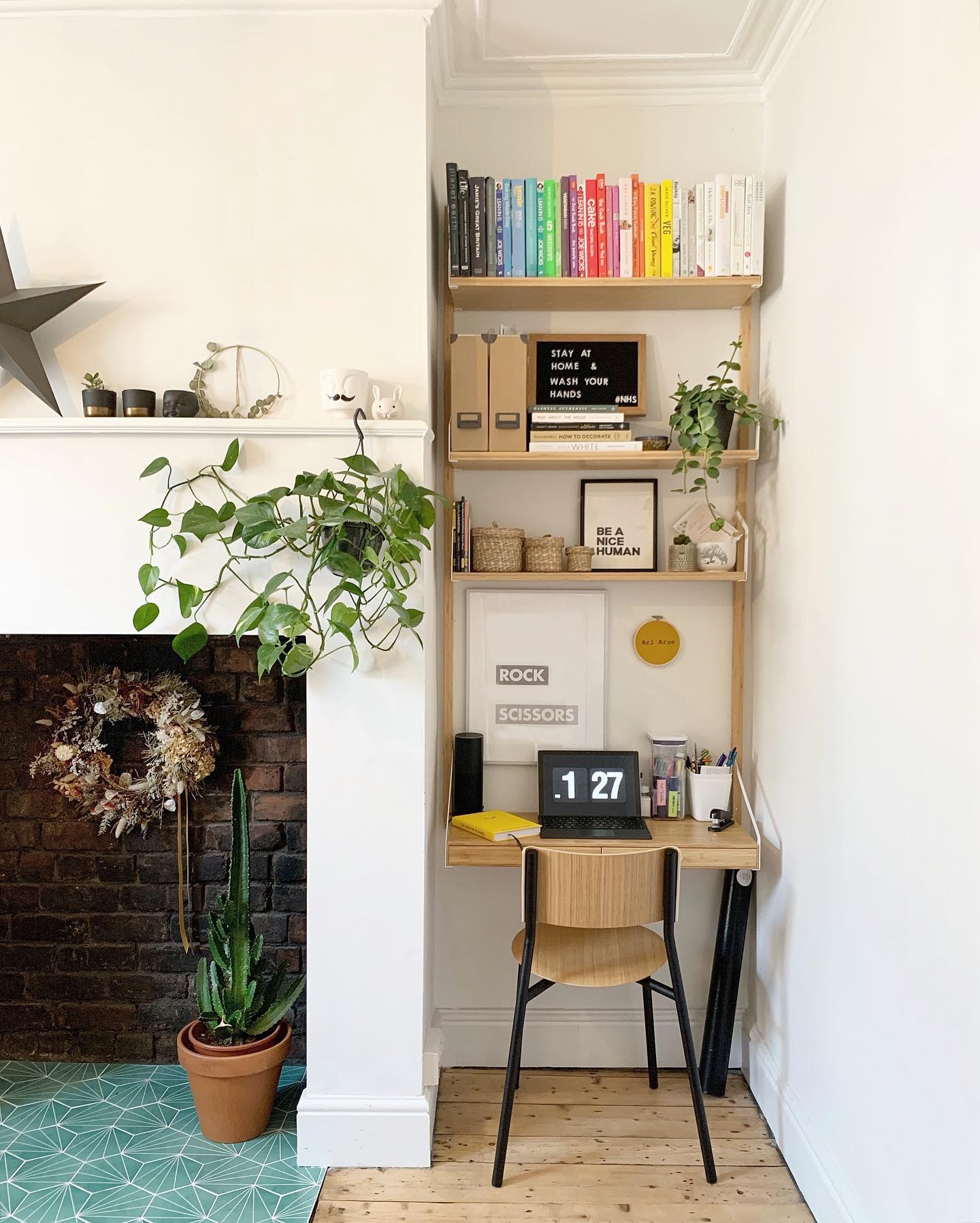 19. Neon Glow Minimalist Office with Suspended Planter and Geometric Shelves