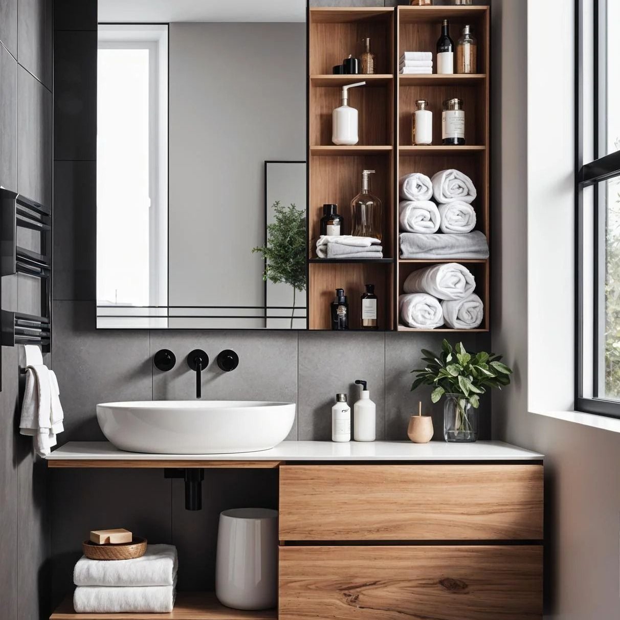4. Moonlit Mosaic Tiles and Floating Shelves: a Bathroom Cabinet Dream